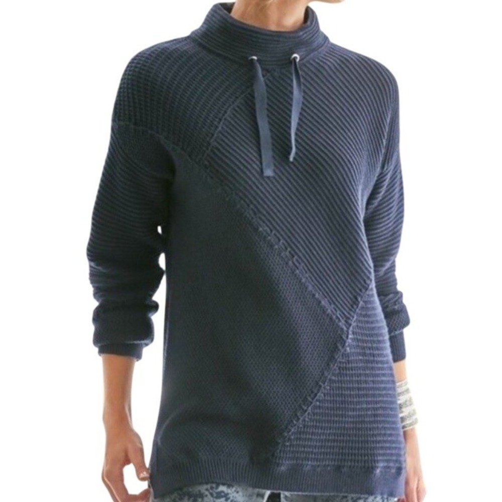 Soft Surroundings Sweater Navy Blue Knit Mock Neck Asymmetrical Patchwork M Edgy